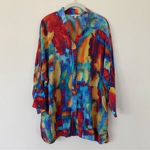 John Mark Silk Blouse Large Abstract Multicolor Brushstroke Print Rainbow Artsy